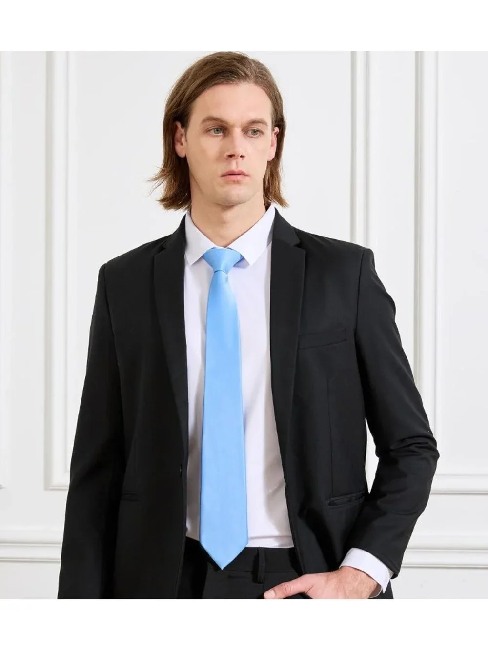 Men's Light Blue Solid Microfiber Plain Formal Silk Necktie For Business Dress